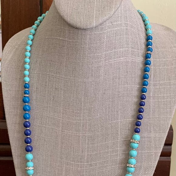 Ann Taylor Necklace, Multiple Shades Blue Beads W/Gold tone Crystal Rhinestone - Picture 4 of 13